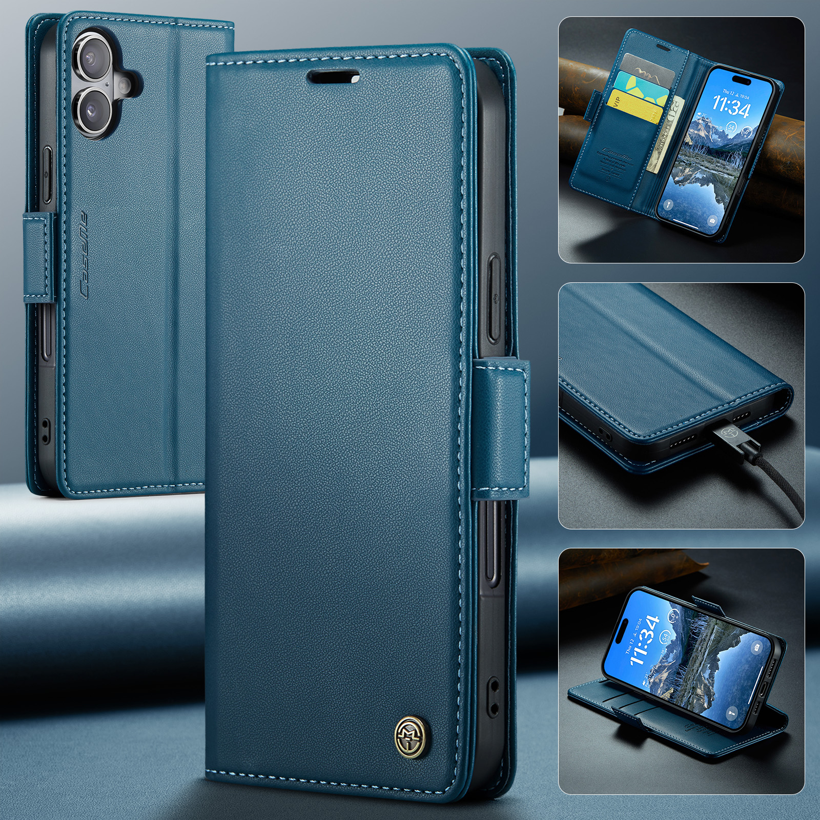 iPhone 17 Leder Tasche Flip Wallet Etui mit Kartenfächern Litchi Look (RFID Schutz) - Blaugrün