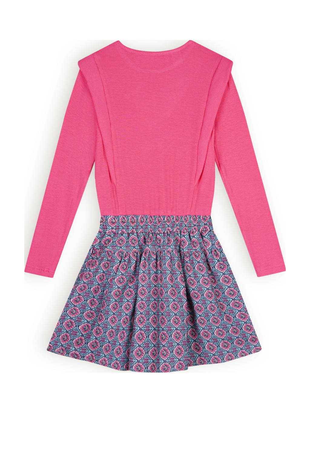 NONO jurk Morly met all over print fuchisa/lichtblauw