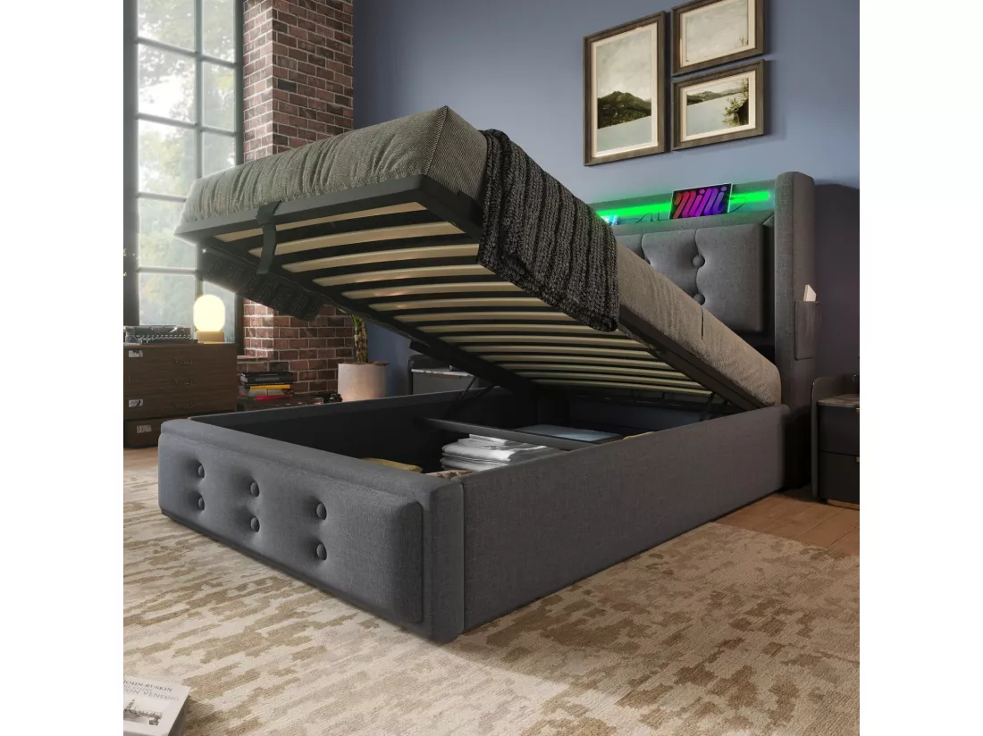 Lit coffre Gris 90x200cm - Coton - avec LED et EU Prise/USB/type C - tête de lit capitonnée - Max 150kg