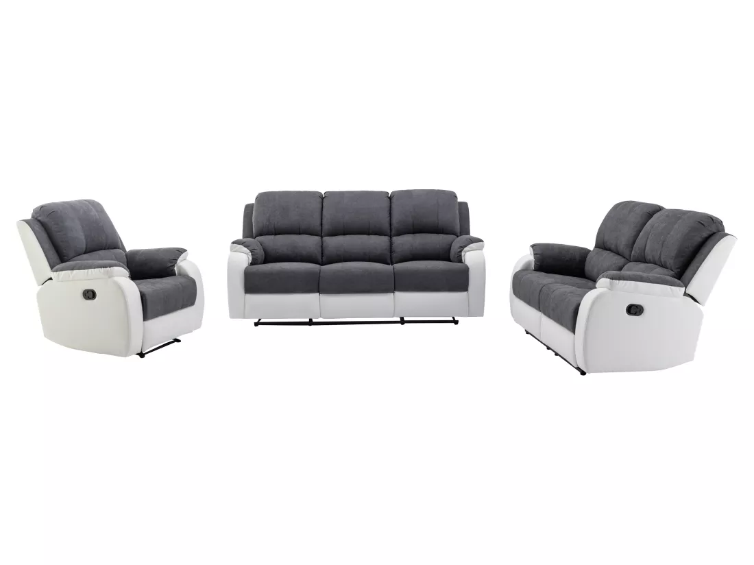 Canapés 3 places 2 places et un fauteuil relax en microfibre et simili gris et blanc BRODY