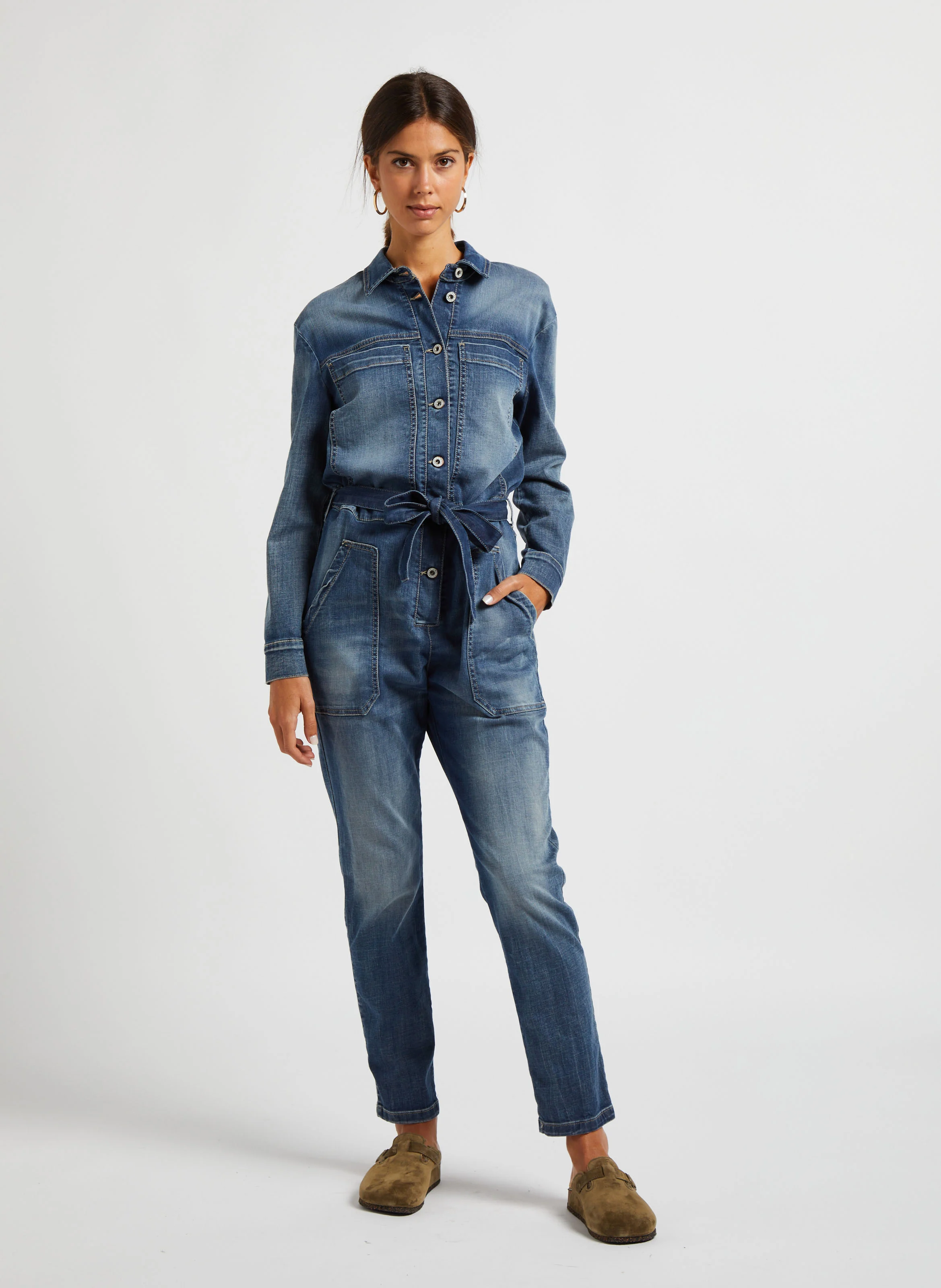 Combinaison droite en denim délavé| Bleu