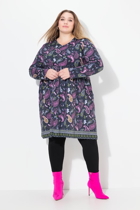 Longshirt, Blüten, A-Linie, V-Ausschnitt, Langarm