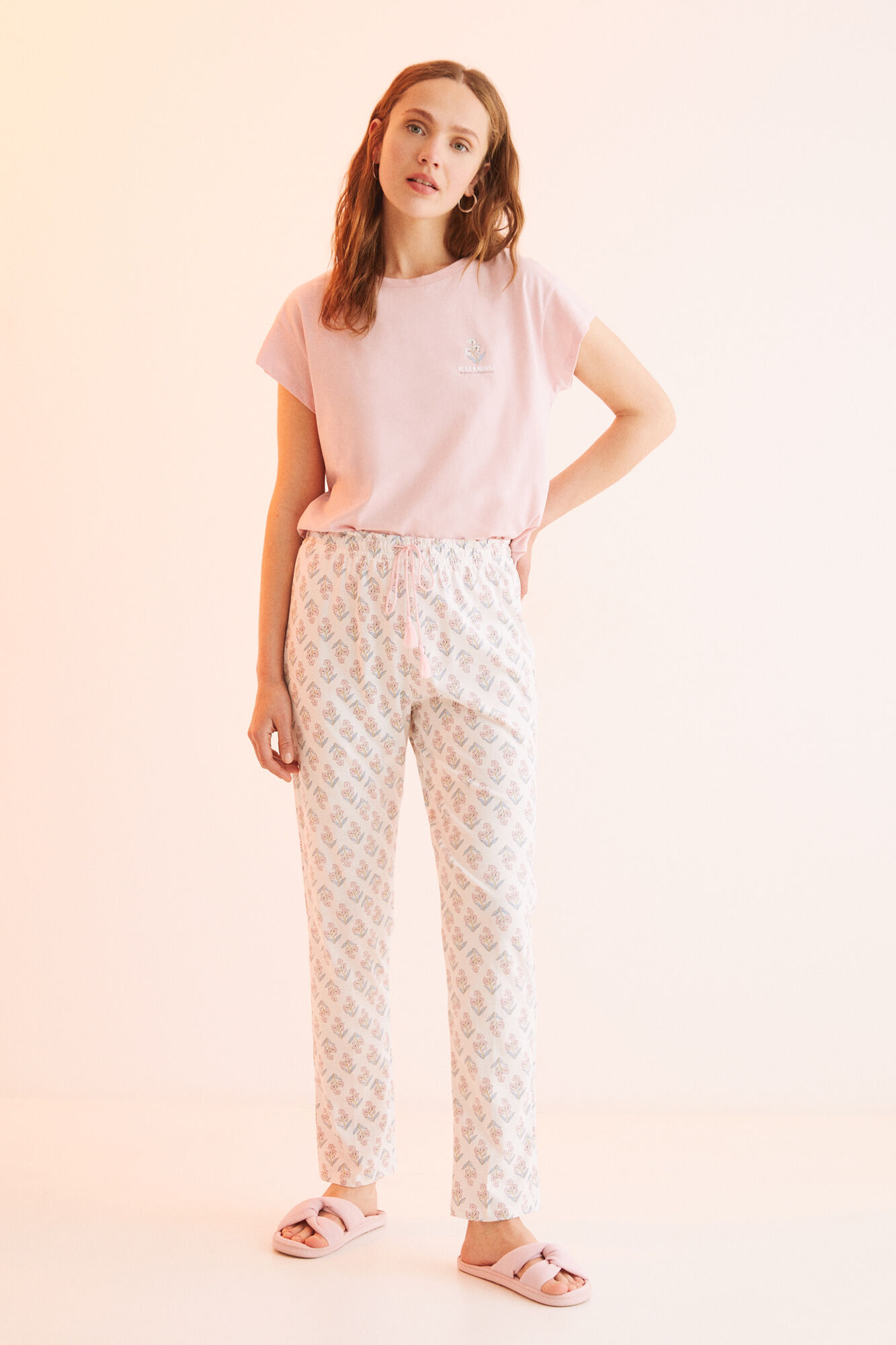 Pijama rosa de manga curta e calça comprida, 100% algodão - rosa