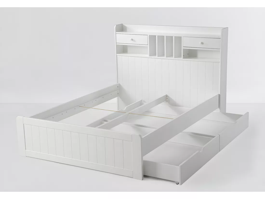 Lit avec rangements 140 x 190 cm - Pin - Blanc + Sommier - MEDERICK