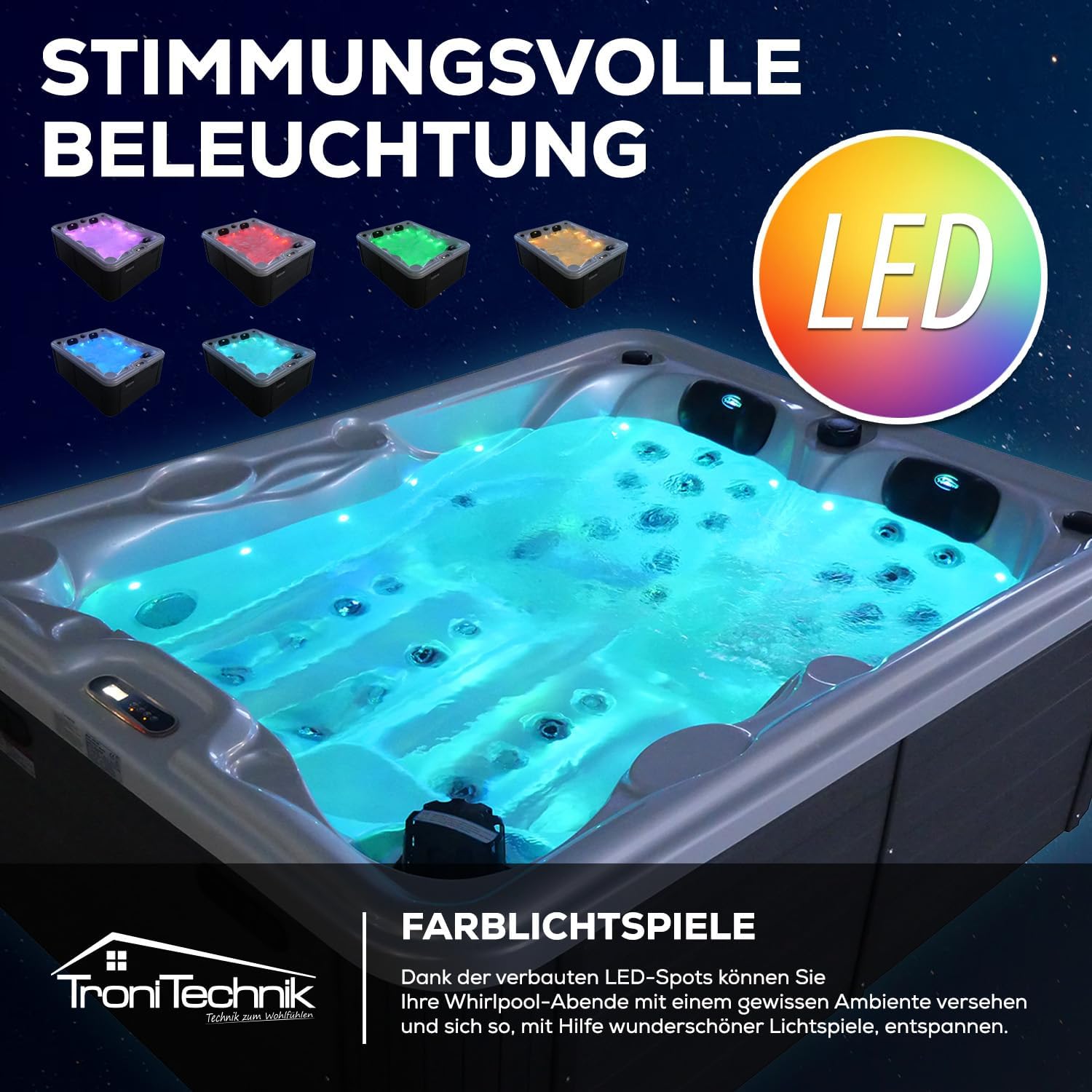 Tronitechnik® Outdoor Whirlpool, 2 Personen, aus hochwertigem Sanitäracryl, Winterfest isoliert, Balboa Spa Heizung und Bedienung, 46 Massagedüsen, 2 Liegeplätze, LED, 620 Liter