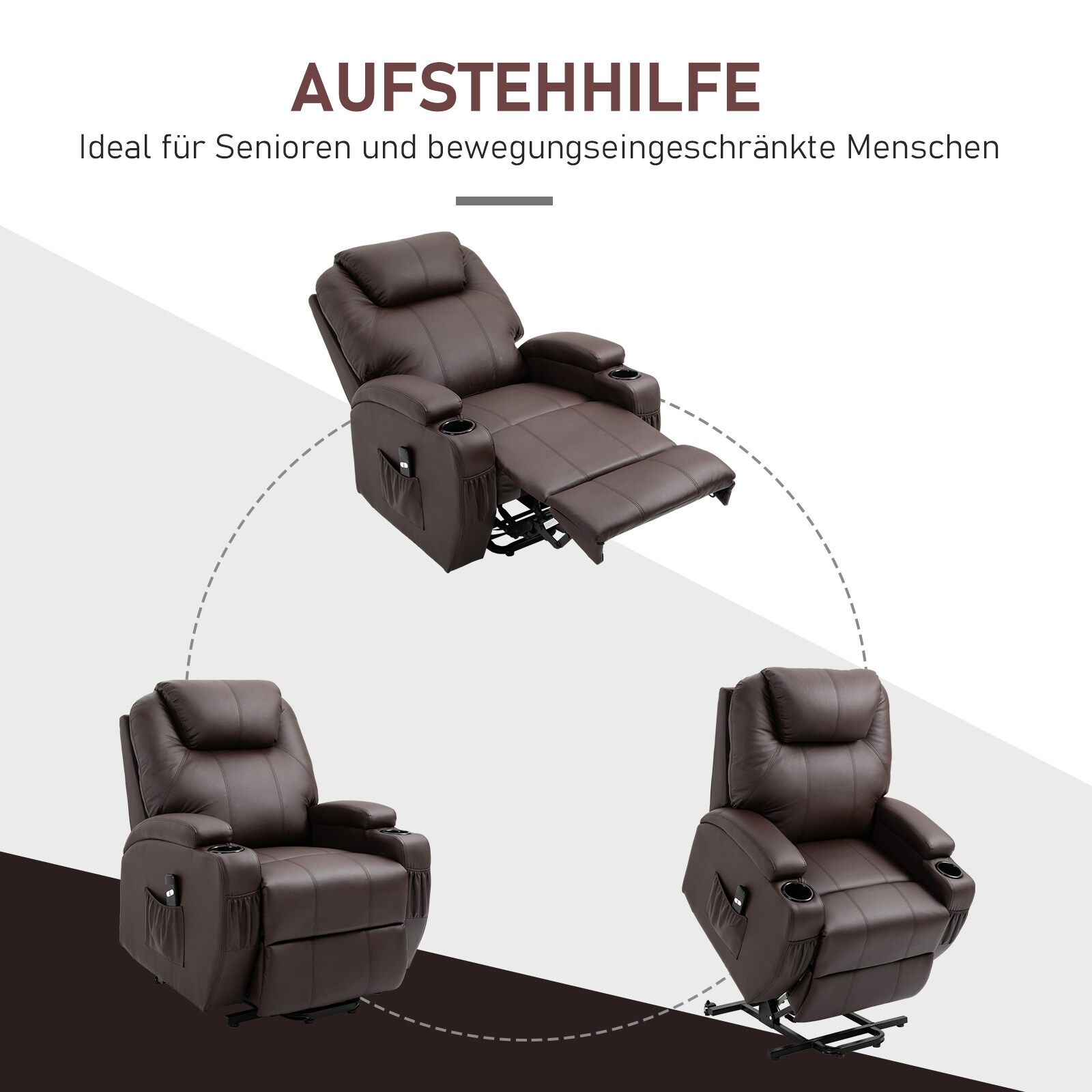 HOMCOM Sessel mit Aufstehhilfe , Trinkbecherhaltern und Seitentaschen braun 84L x 92B x 109H cm