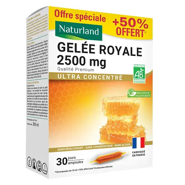 Geleia Real Orgânica Naturland 2500mg 20 ampolas x 10ml + 10 ampolas x 10ml grátis