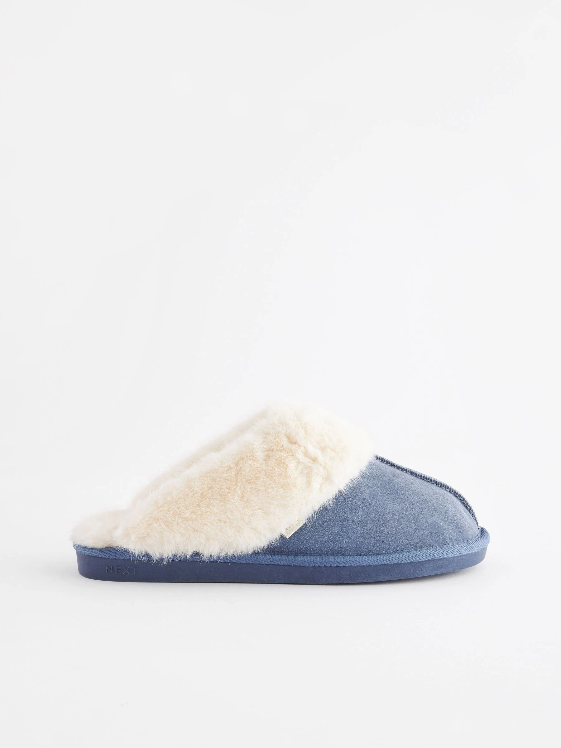 Denimblauw - Suède muiltjes met voering van imitatiebont
