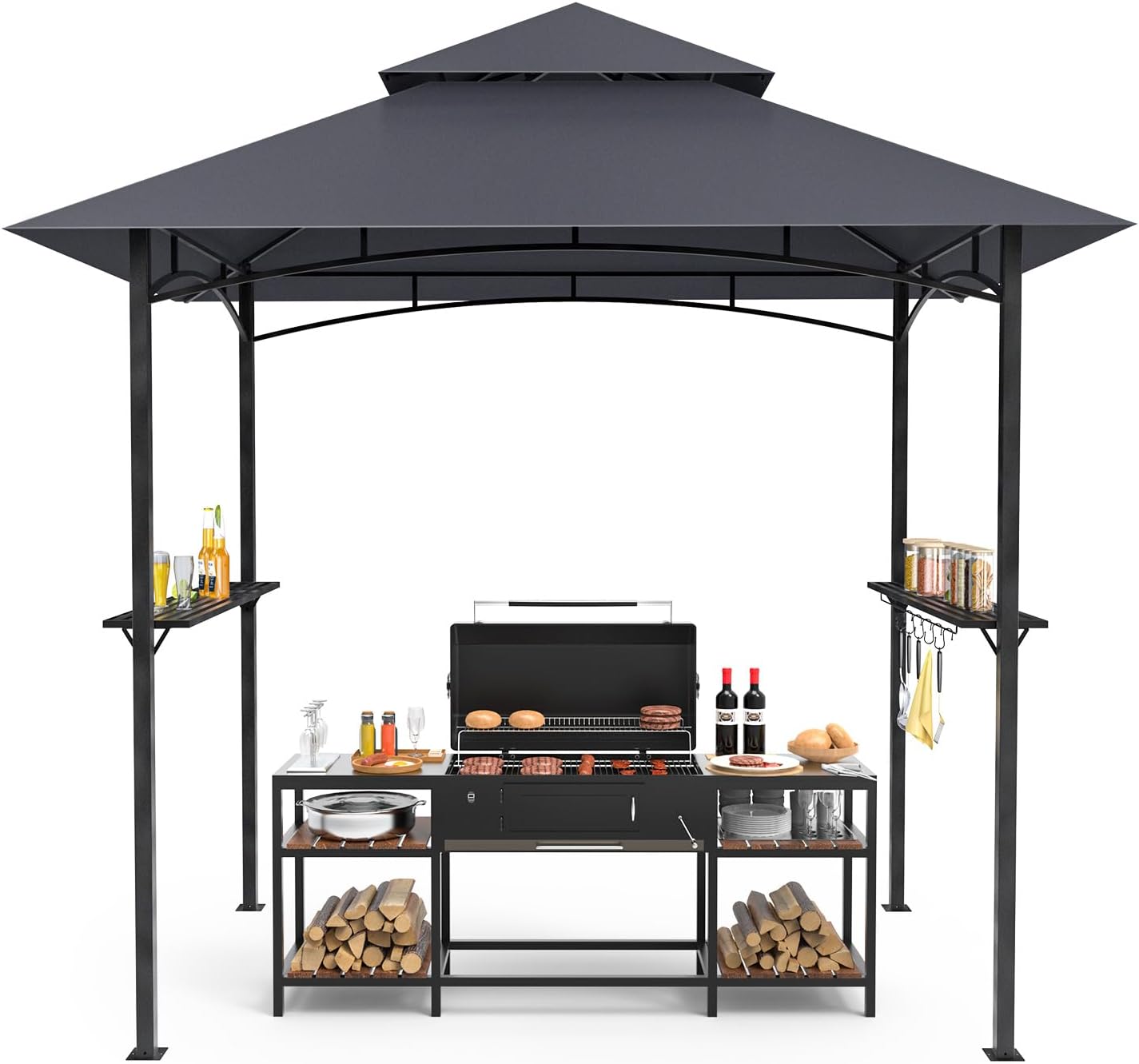 GVDV Grillpavillon 2,4 x 1,5 m – Wetterfeste Grillüberdachung mit 2-stufigem Dach, Ablagen, 10 Haken & Flaschenöffner – Grill Pavillon für Garten & BBQ, Dunkelgrau