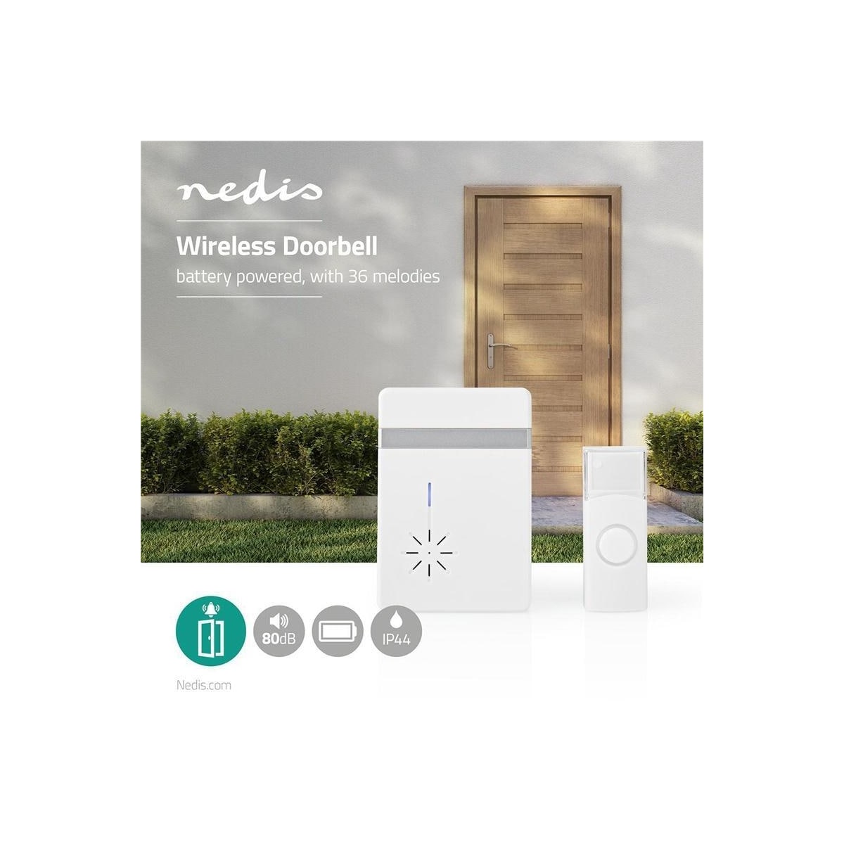 Nedis Trådløs ringeklokke Set | Batteri drevet | 3 V DC | 1x CR2032 | Volum: 80 dB | Signalområde (siktelinje): 300 m | IP44 | 36 Melodier | 1 Mottaker | Hvit