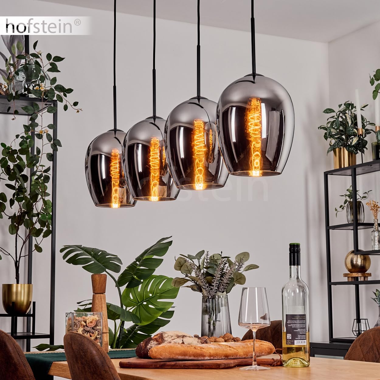 Pendelleuchte Vevino, Pendellampe aus Metall/Glas in Schwarz/Chromfarben, Leuchte im modernen Retro/Vintage-Design mit Schirmen aus Glas (Ø 20 cm), Höhe max. 154 cm, 4 x E27, ohne Leuchtmittel