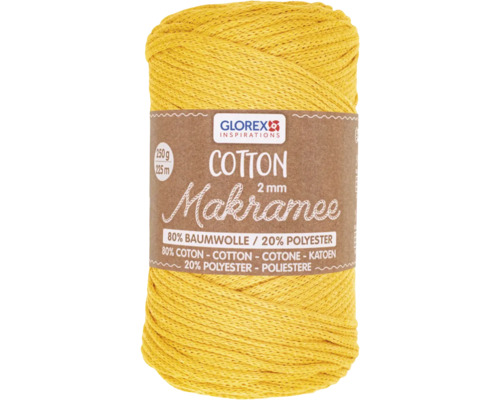 Macraméwol, katoen, mosterdgeel, 2 mm, 250 g