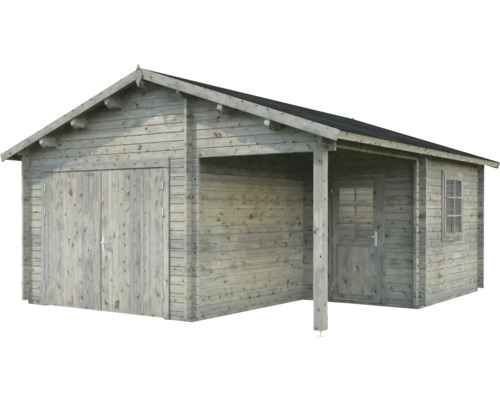 Palmako Roger vrijstaande garage, 21,9+5,2 m², met houten deur 510 x 550 cm, grijs gedompeld.