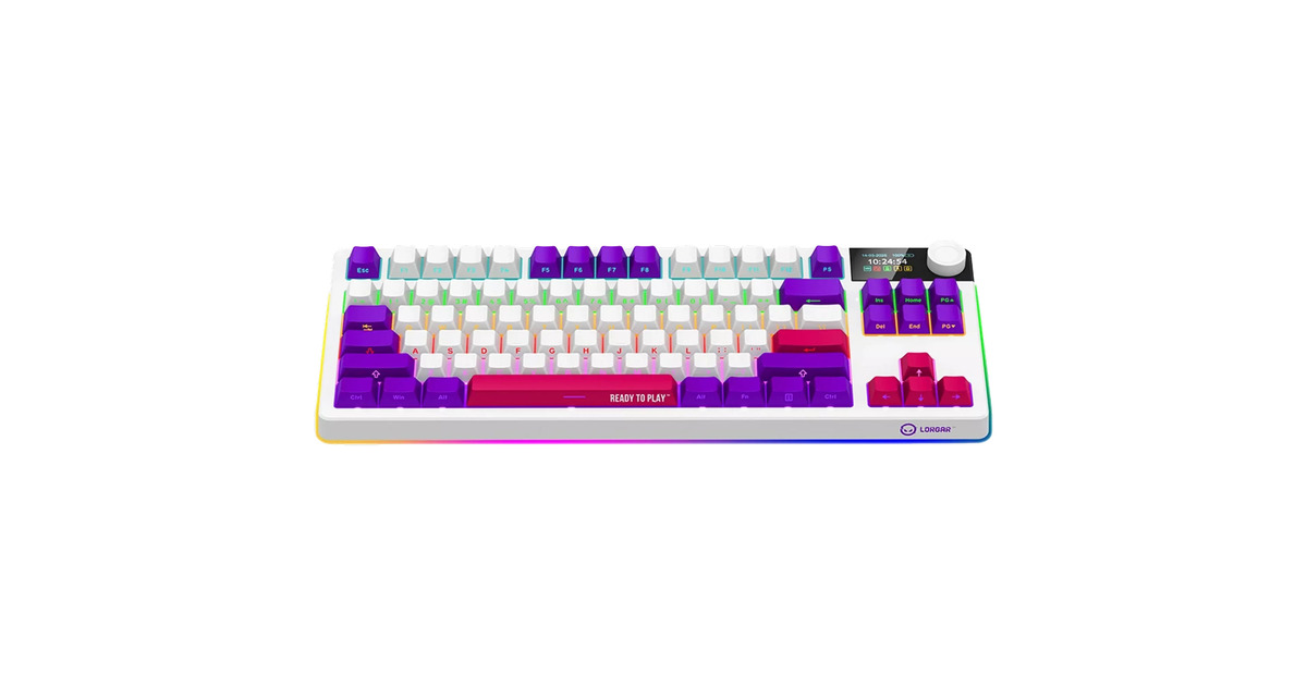 LORGARKBP70TKLW, gaming toetsenbord  (Wit, US lay-out, LOGAR Toxic Purple, TKL, RGB, Hot-swappable, PBT Double-shot, Bluetooth / 2.4GHz / USB)