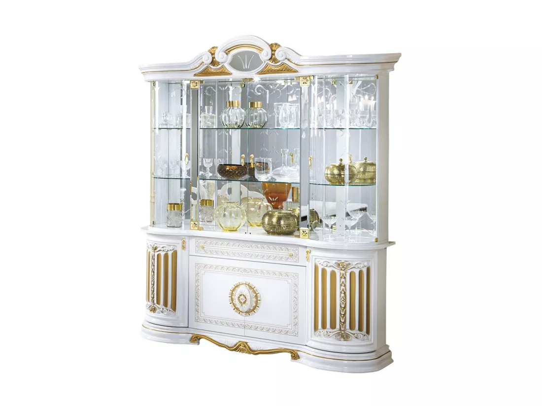 Vitrine 8 portes 1 tiroir bois vernis laqué brillant blanc et doré Lesly 173cm