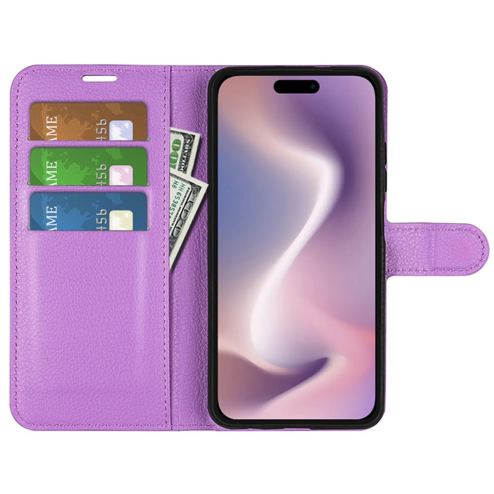 iPhone 16 Pro Max Leder Tasche Flip Cover Litchi Look - Lila