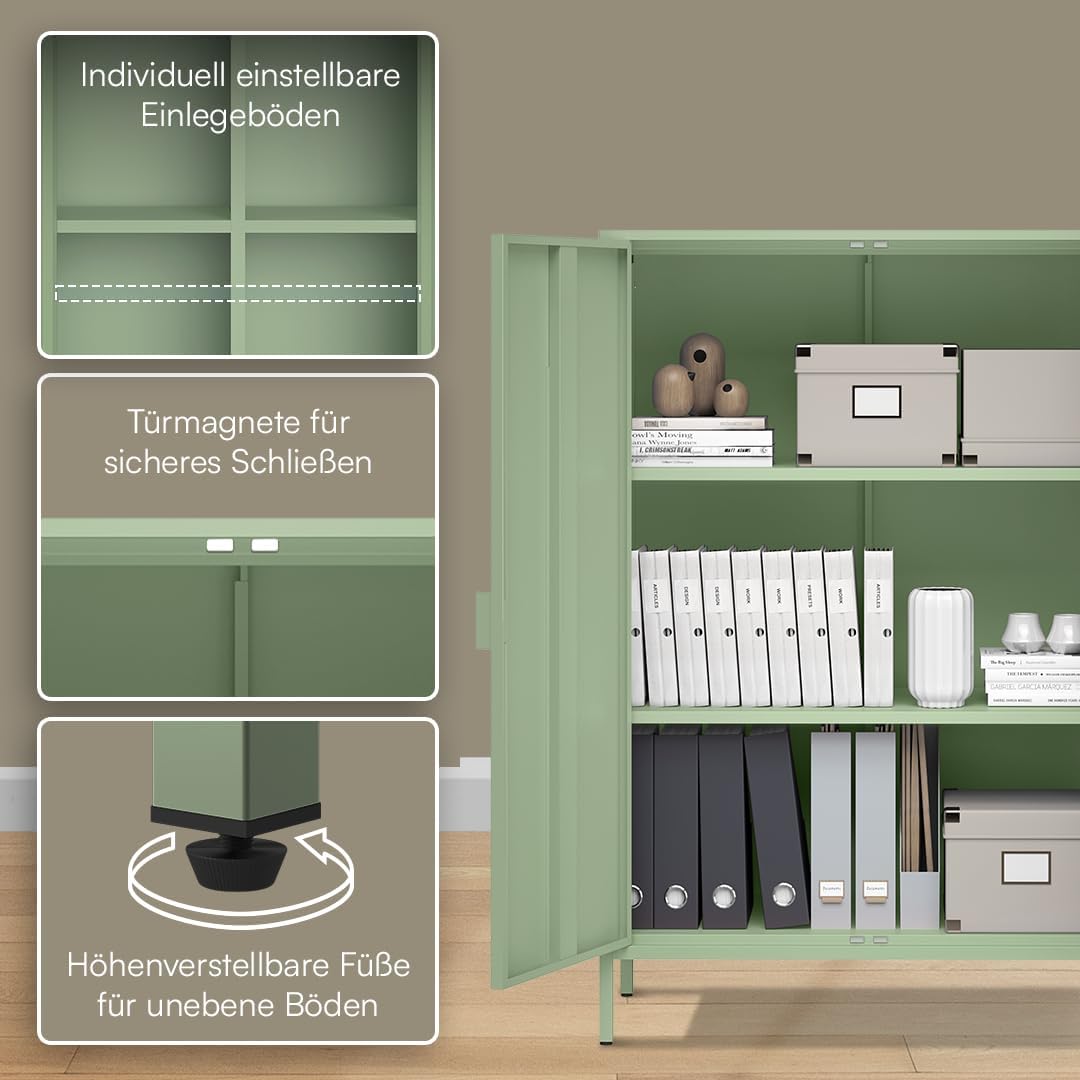 skølm Ituri Metall Kommode – Metallschrank mit 3 verstellbaren Fächern – Sideboard Wohnzimmer in Mintgrün – Aufbewahrungsschrank aus Stahl - Highboard im Industrial Design – Büroschrank/Flurschrank