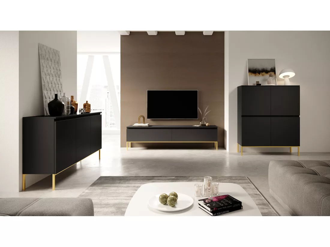 Meuble TV - 150 cm - noir avec pieds dorés - BEMMI
