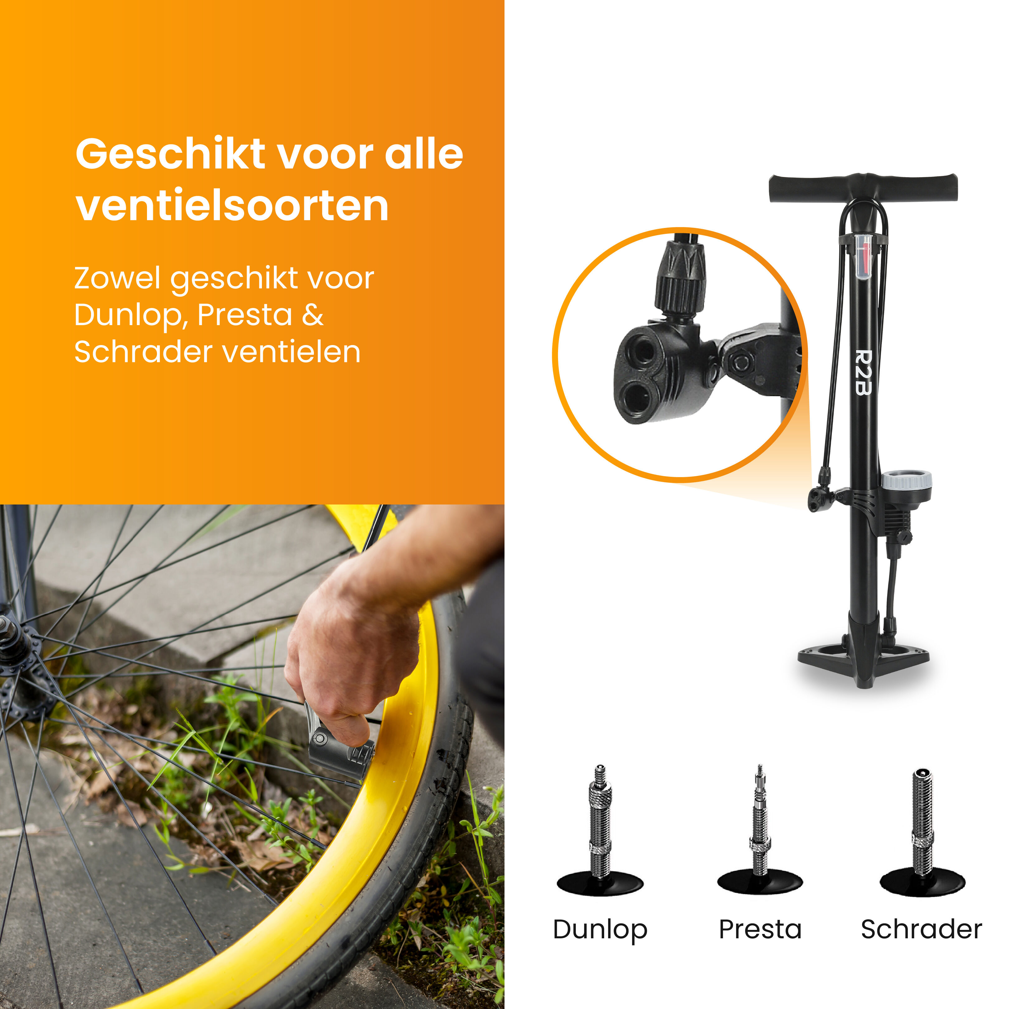 R2B fietspomp met drukmeter - dubbele ventielkop
