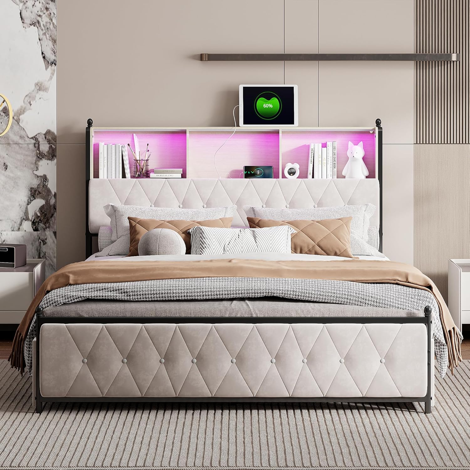 Polsterbett 140x200 cm Doppelbett mit LED und USB, Jugendbett mit Stauraum-Kopfteil Stauraumbett mit 4 Schubladen, Bettgestell mit Lattenrost, Samt (Beige, 140 x 200 cm)