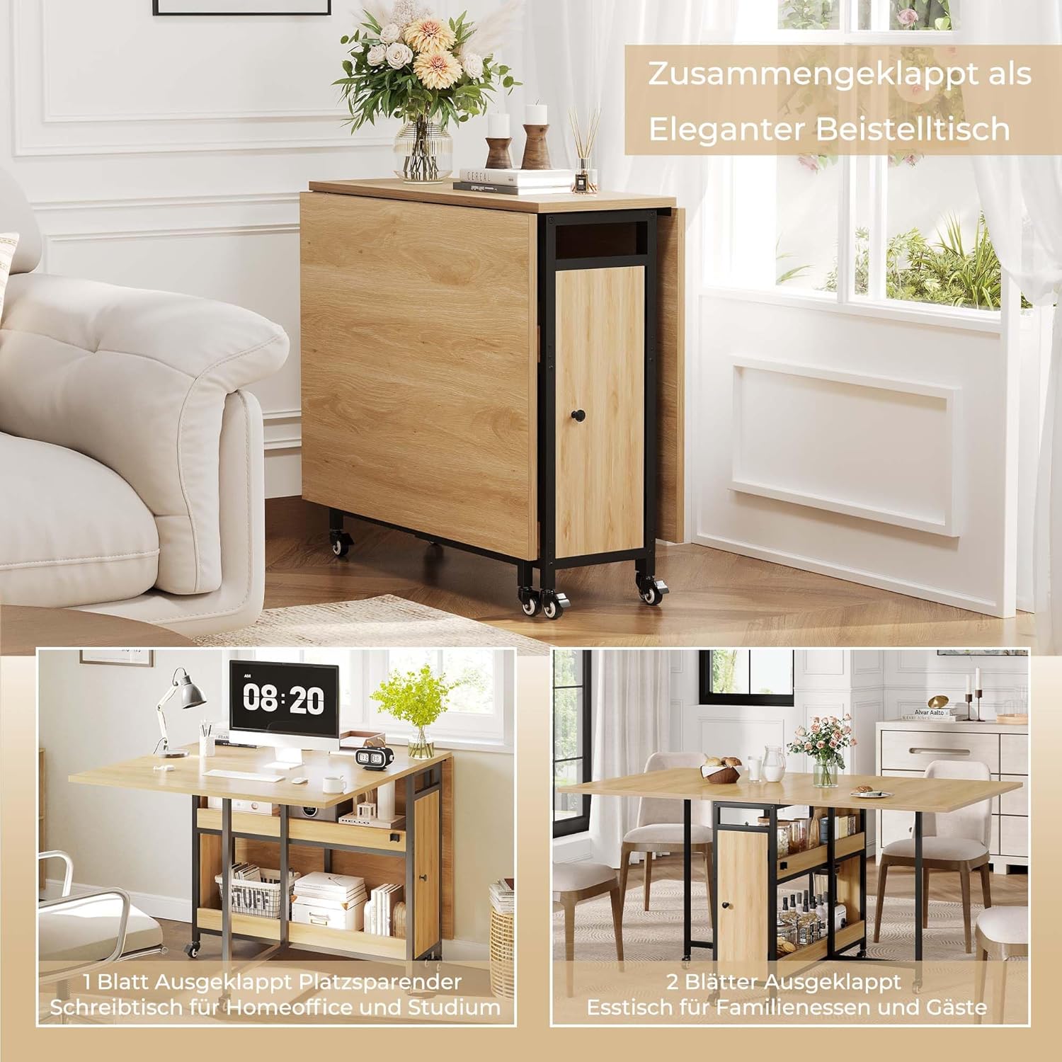 HSH Klappbarer Esstisch Klapptisch Küche Mit Stauraum Küchentisch Klappbar mit 2 Regalen und Rollen Mobiler Tish aus Holz und Metall Platzsparender Für Küche Wohnzimmer Wohnung Eichenoptik 130cm
