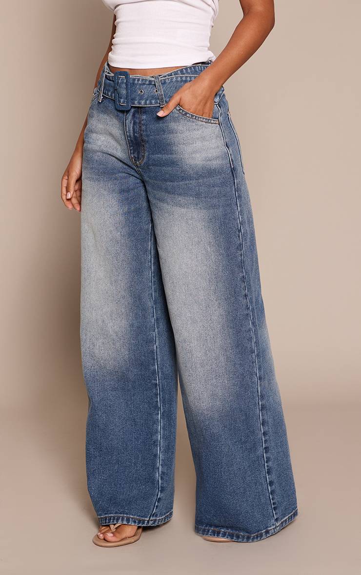 Mid Blue Wash Jean Large Taille Haute Ceinturé Bleu Moyen Petite