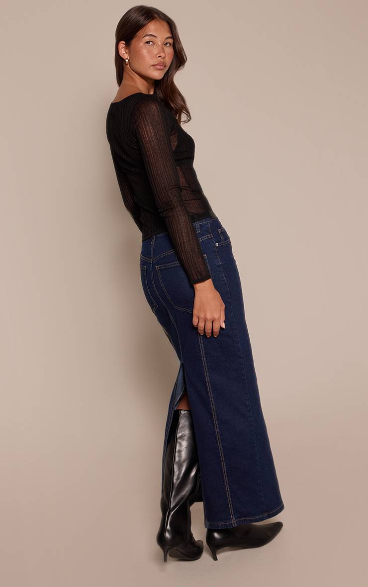Bleu Indigo Jupe Longue En Jean Délavé Taille Mi-haute Avec Détails De Coutures
