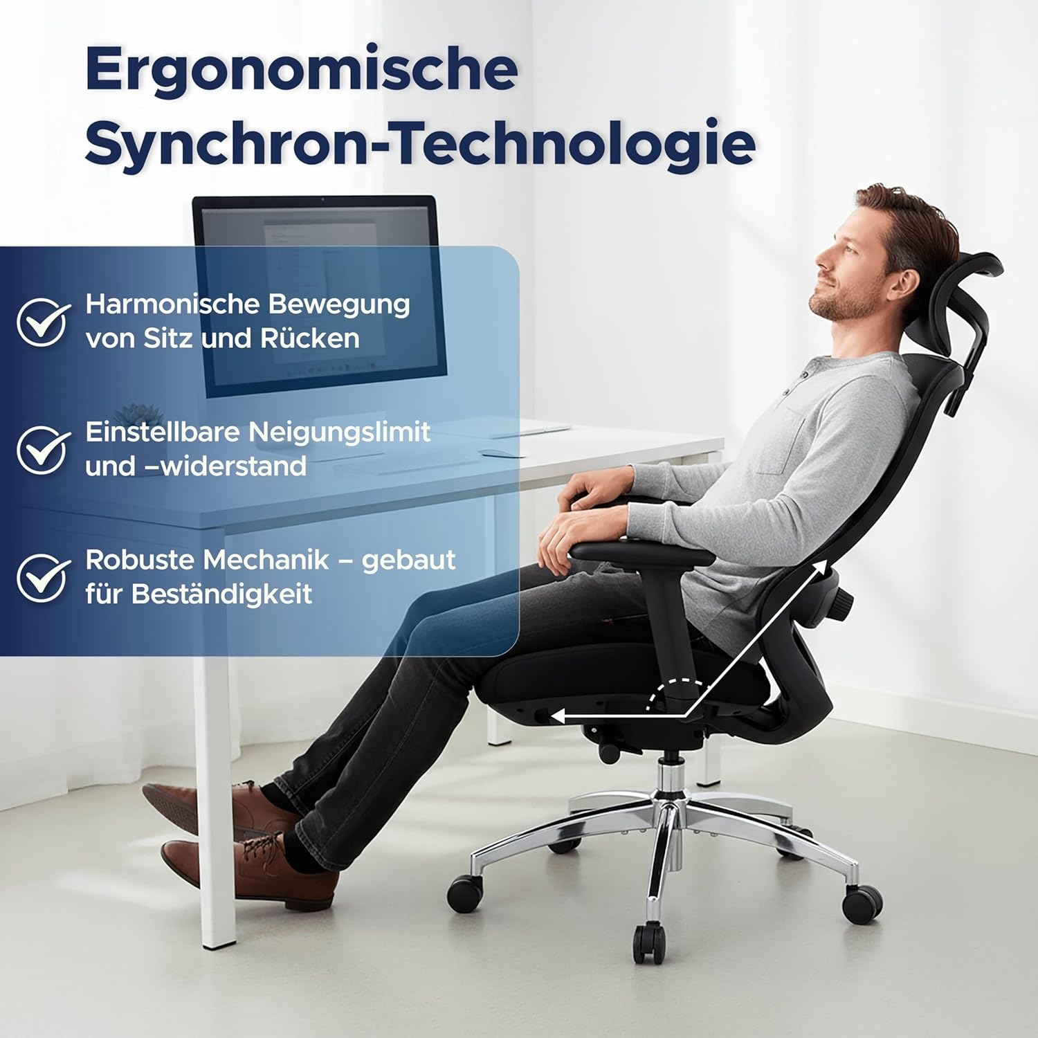 TITANO E5 | Ergonomischer Bürostuhl mit Neigungsfunktion, 4D-Armlehnen, Lendenwirbelstütze & Kopfstütze – Drehstuhl für Home Office & Büro | 150 kg Belastbar | Ergonomic Schreibtischstuhl