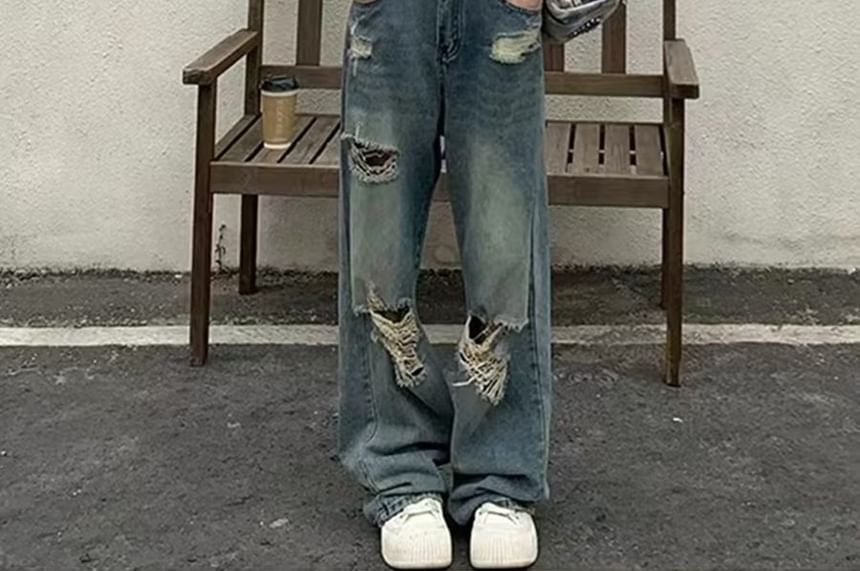 deersweeti - High Waist Washed Distressed Wide Leg Jeans