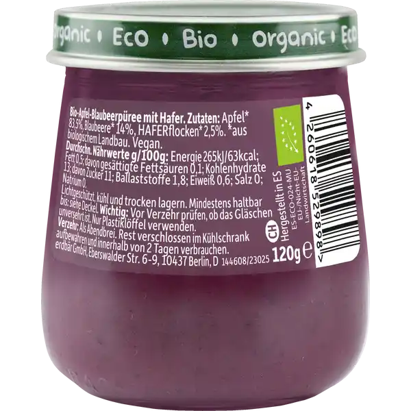 Bio Baby Abendbrei Apfel, Blaubeere mit Hafer