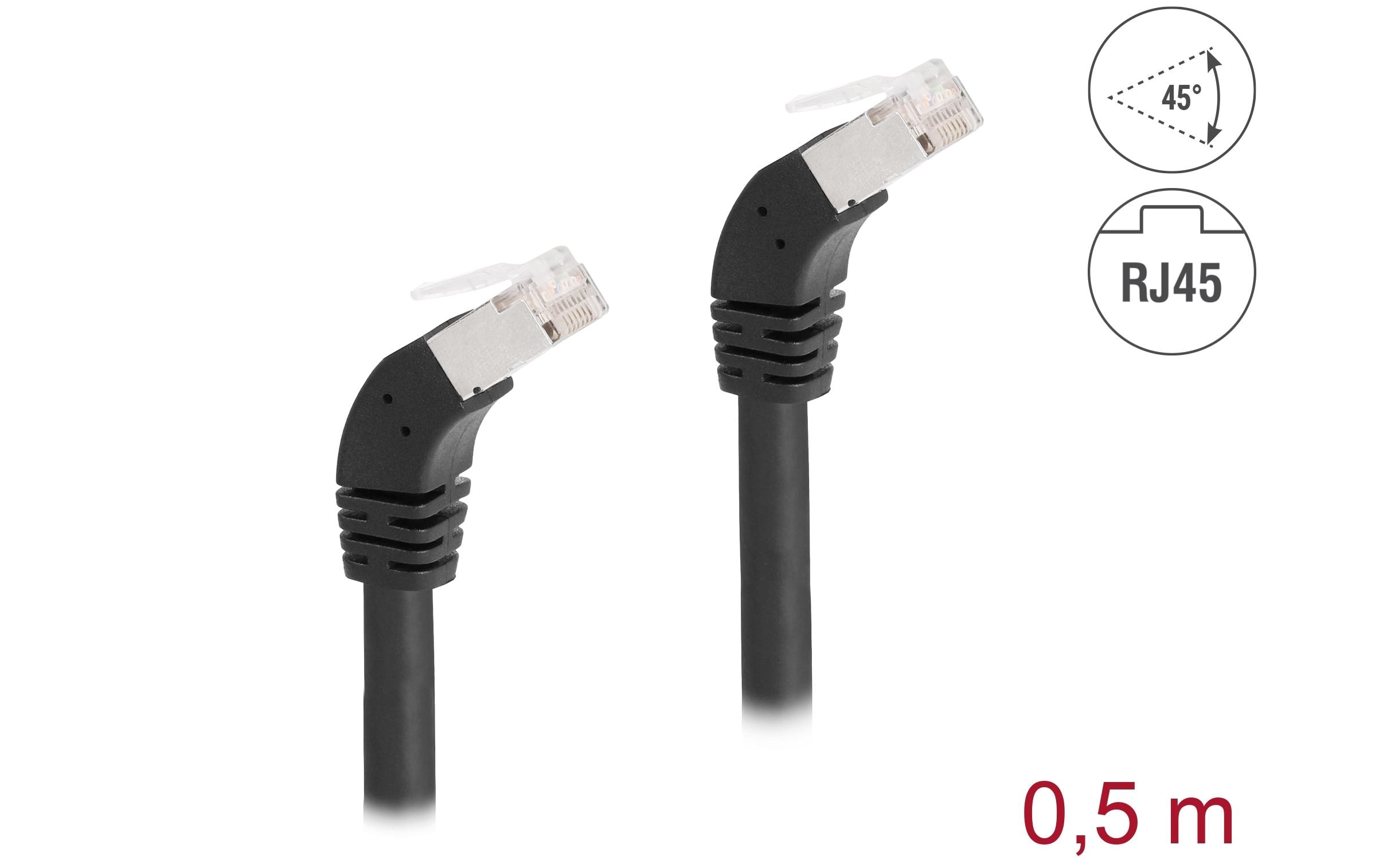 Patchkabel 45° unten gewinkelt Cat 6A, S/FTP, 0.5 m, SchwarzDelock RJ45 Netzwerkkabel Cat.6A S/FTP 45° nach unten gewinkelt 0.5 m schwarz