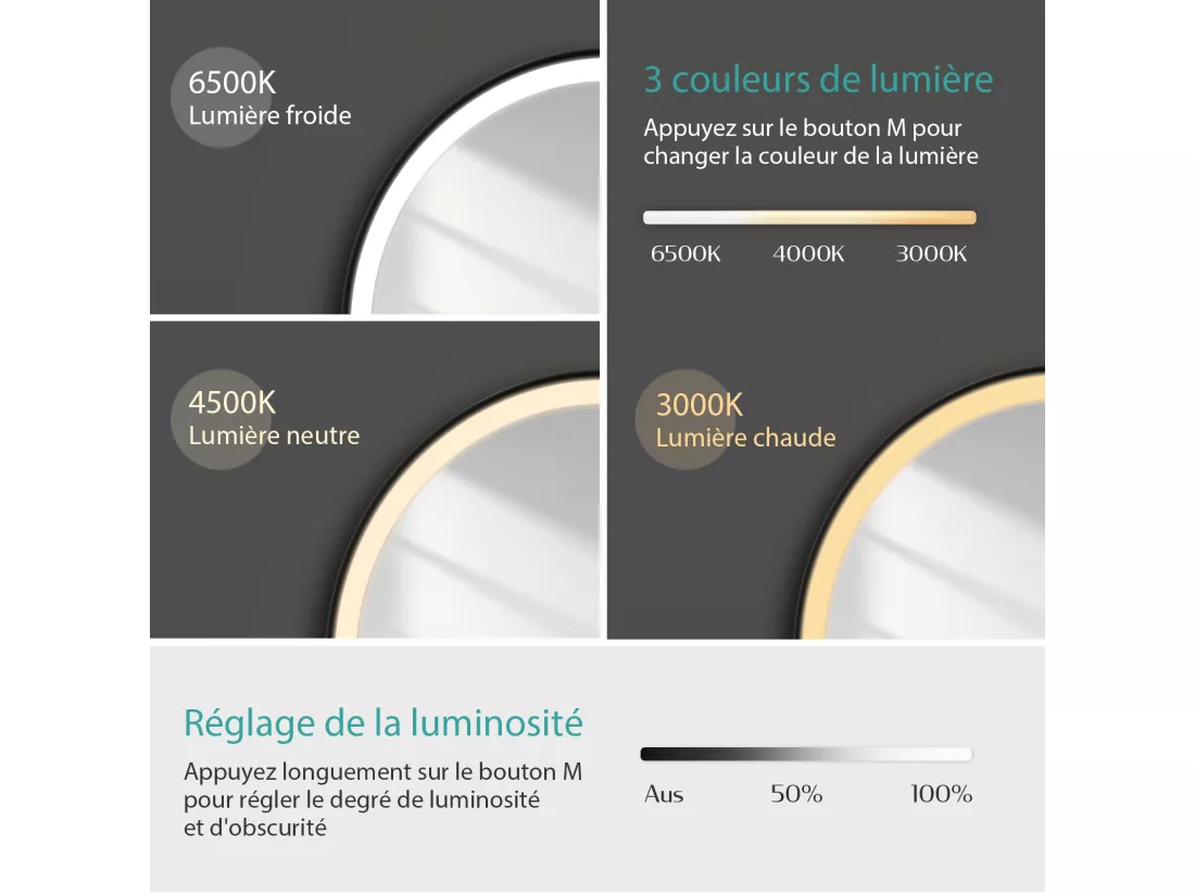 EMKE Miroir lumineux salle de bain rond diamètre 60cm cadre noir, Sangle réglable, Miroir LED avec Interrupteur Tactile, Lumière Froide/Chaude/Neutre