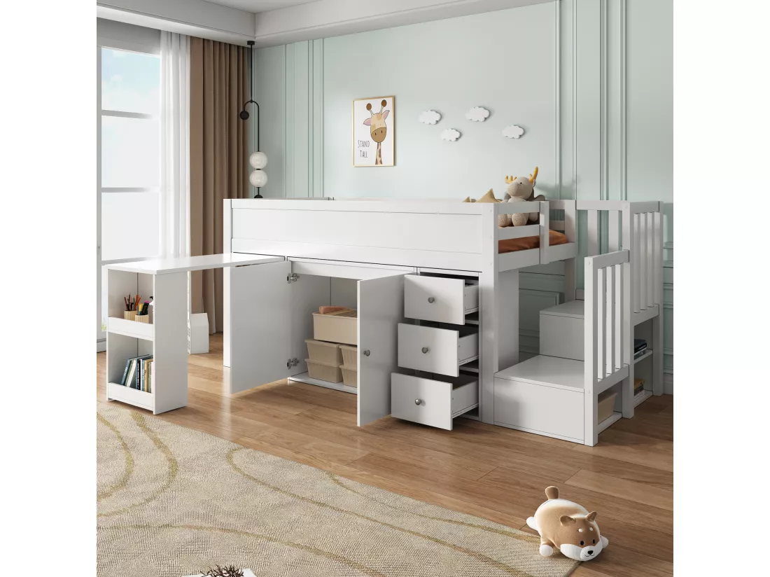 Lit mezzanine pour enfant 90x200cm- avec bureau coulissant + rangement latéral - avec armoire - avec escalier - Blanc
