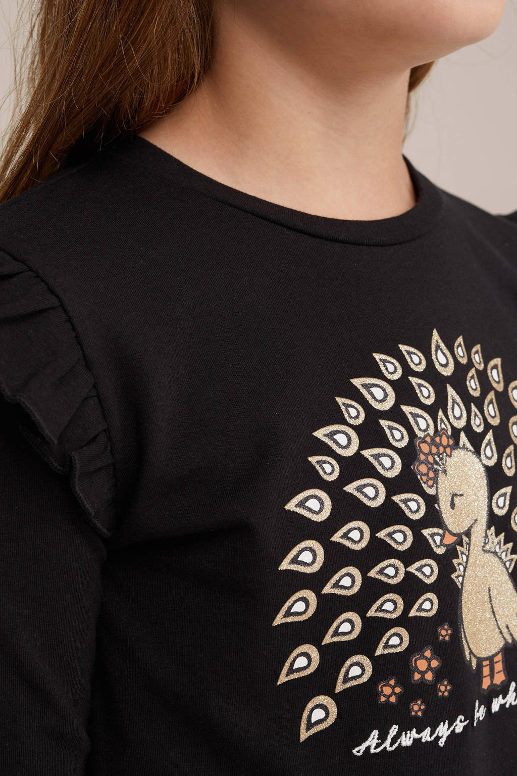 WE Fashion longsleeve met printopdruk en glitters zwart/goud