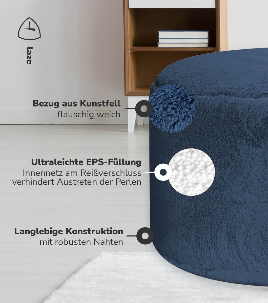 mokebo imitatiebont poef 'The Fluffy One', voetenbankje of zitpoef in blauw