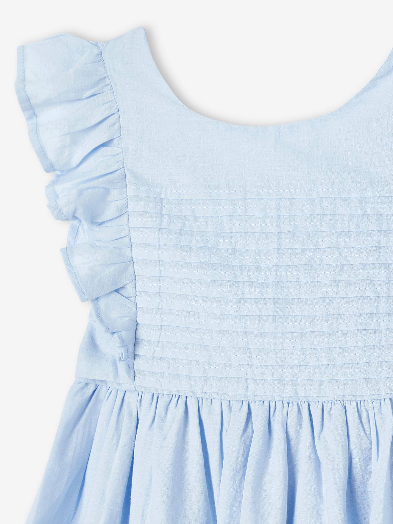 Vestido formal azul claro com babados e costas abertas para meninas