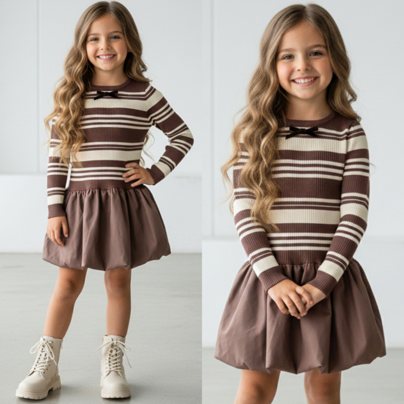 Cute bow striped dress - bruin