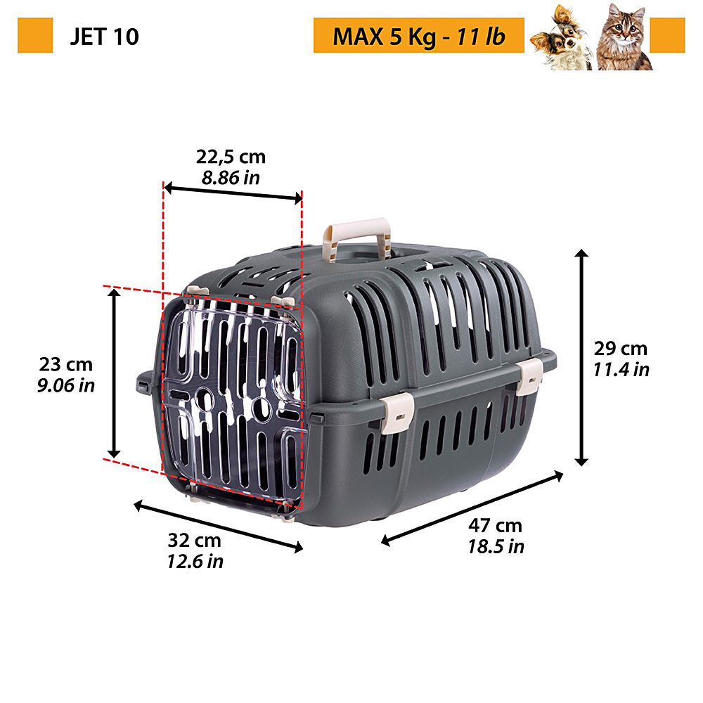 Panier de transport rigide jet 10 pour petits chiens et chats, porte transparente antichoc, grilles de ventilation