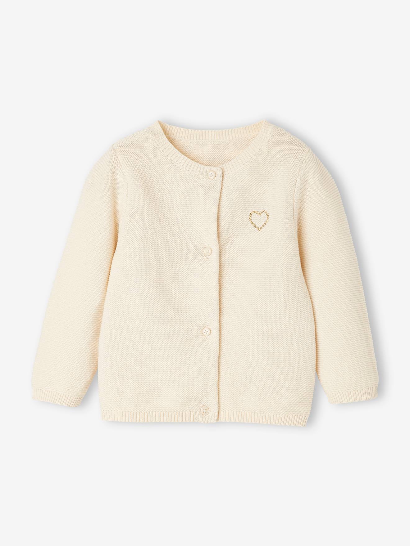 Casaquinho com bordado de coração dourado, modelo liso branco claro para bebê com estampas.