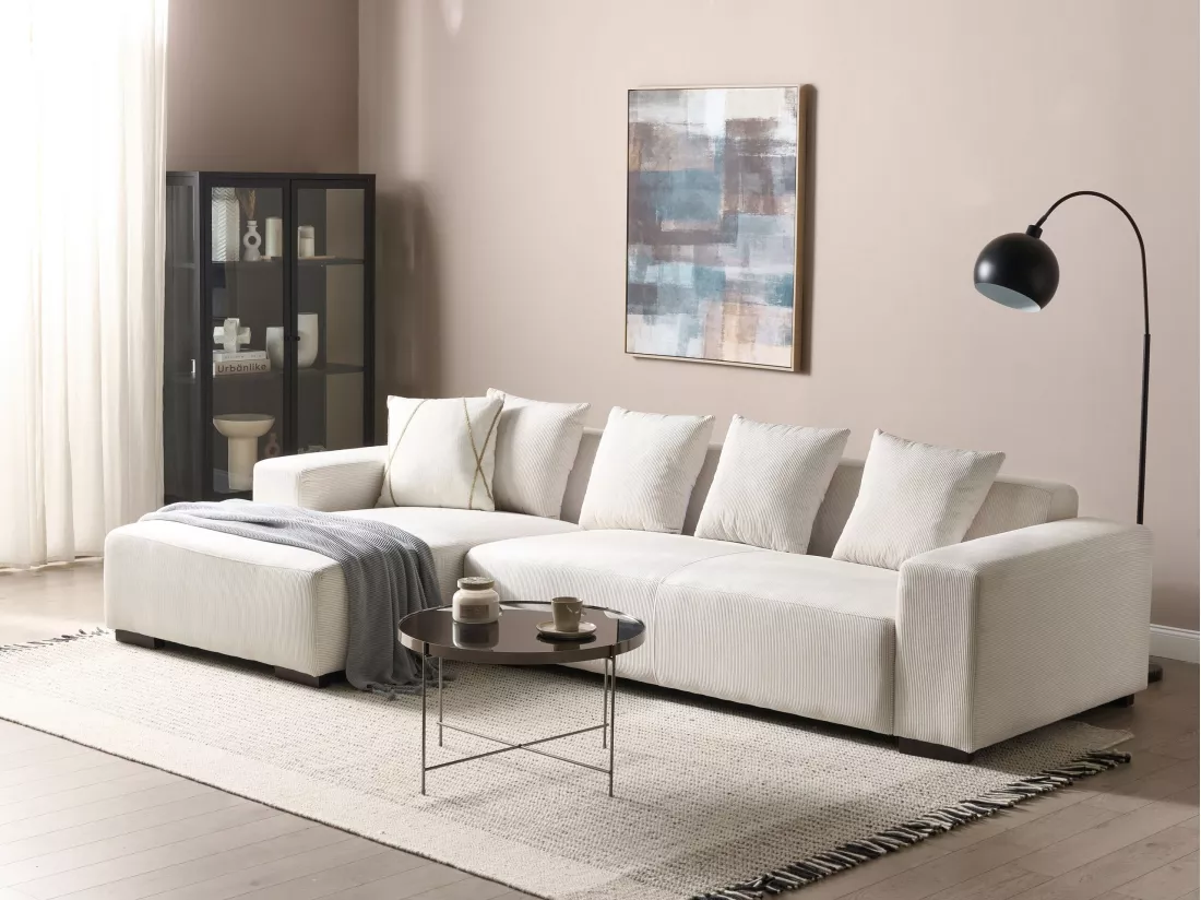 Canapé Angle à gauche 4 Places en Velours Côtelé Blanc Cassé avec 4 Coussins Supplémentaires Lungo