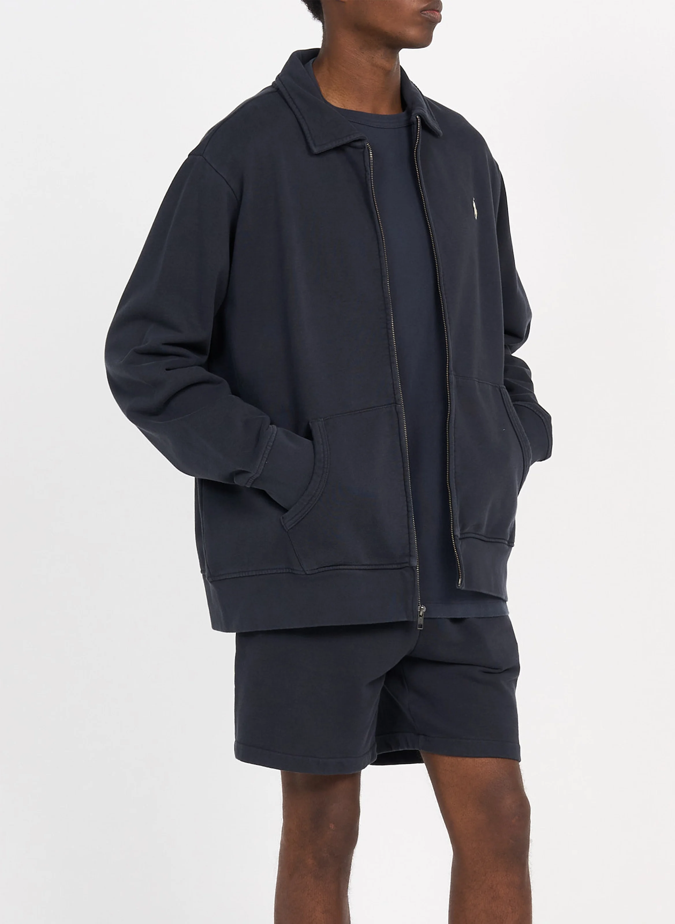 Sweat col polo zippé en coton| Noir