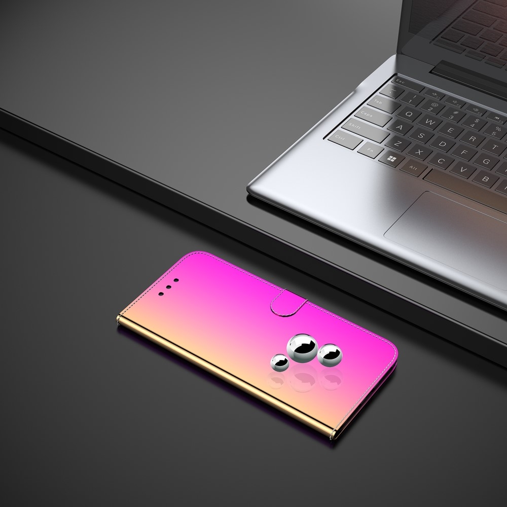 iPhone 12 / iPhone 12 Pro Leder Tasche Flip Cover im Spiegel Design mit Kartenfach   Handschlaufe - Regenbogen Rosa