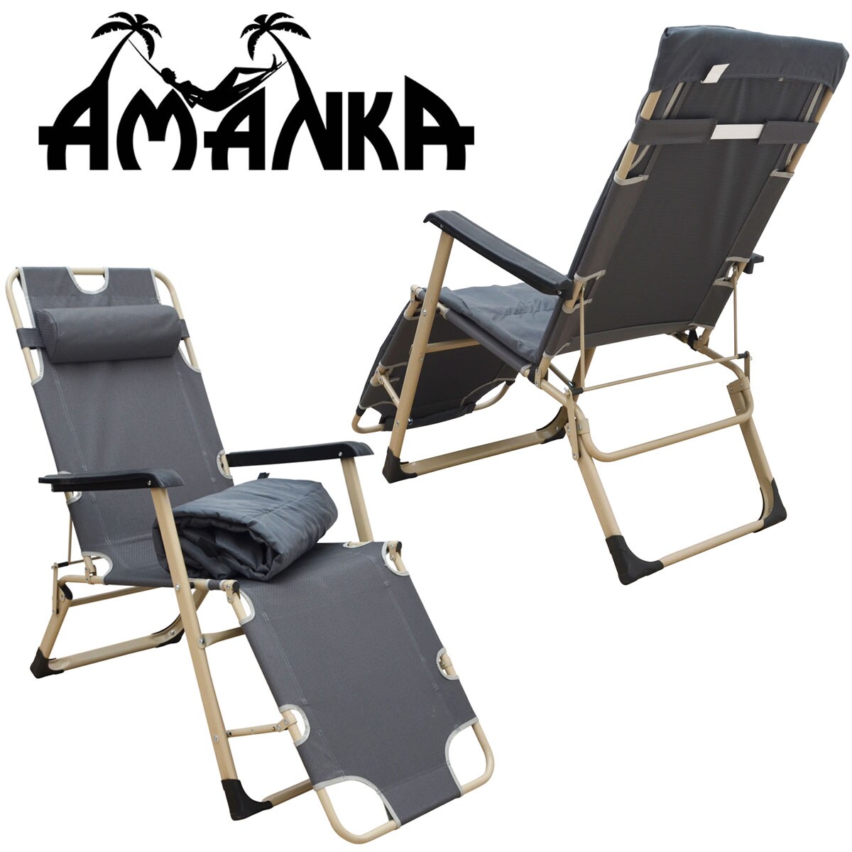 Campingstuhl Liegestuhl AMA-YU-98 XL Grau 178x65x88 cm incl. Auflage