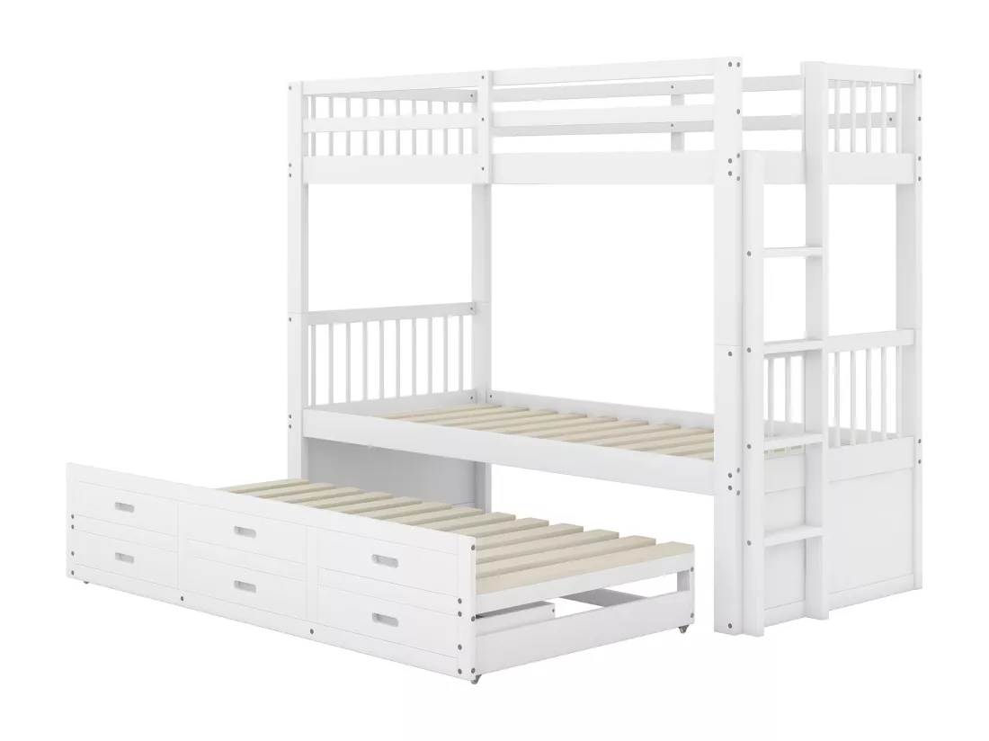 Lit superposé 90x200cm - avec lit gigogne et 3 tiroirs - en bois de pin massif et MDF - Blanc