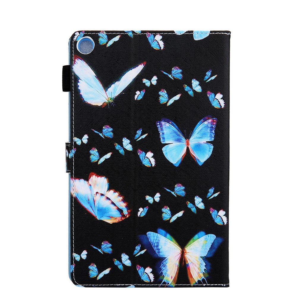 Samsung Galaxy Tab A7 Lite Leder Tasche Flip Case Blaue Schmetterlinge   Stift Halterung - Schwarz