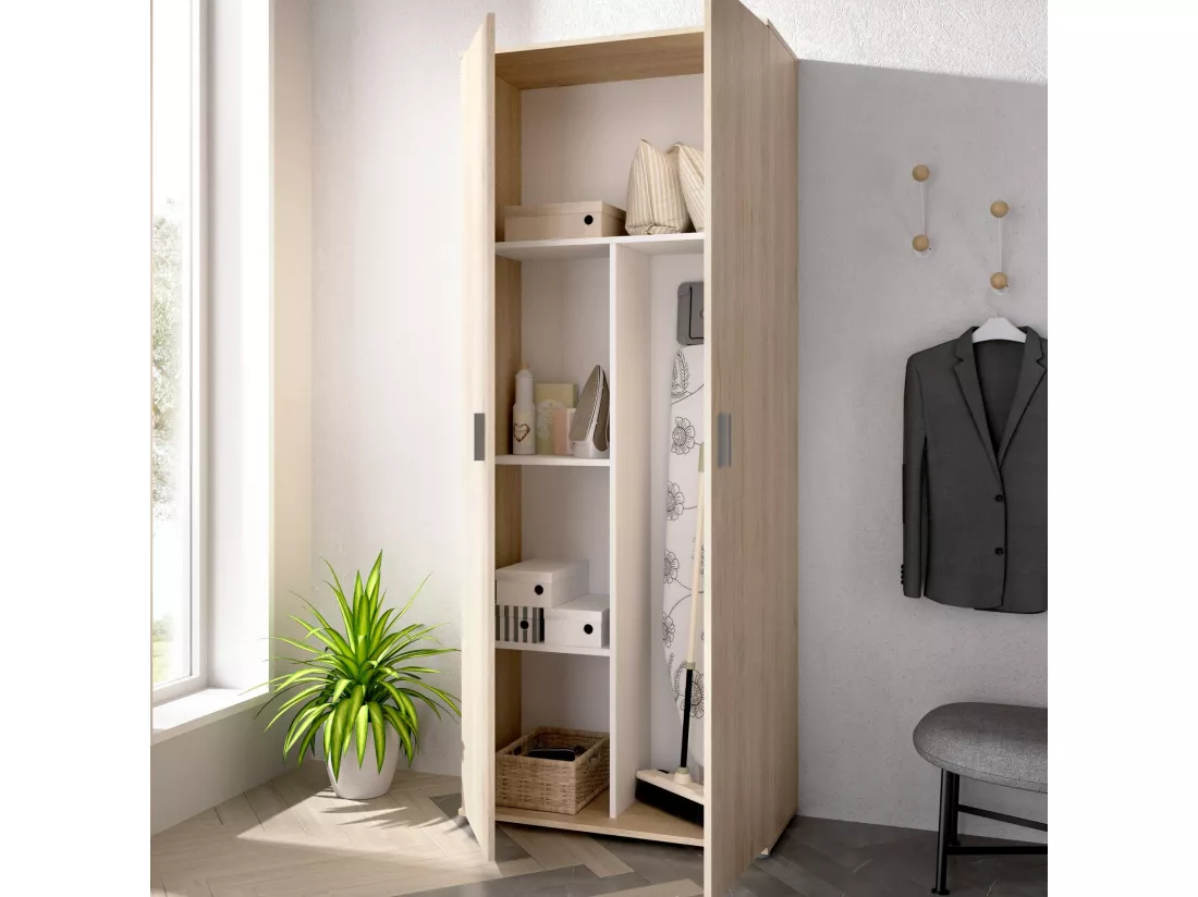 Armoire polyvalente Ddeiol, Armoire porte-balai multifonctionnelle, armoire 2 portes, 78x35h190 cm, Chêne