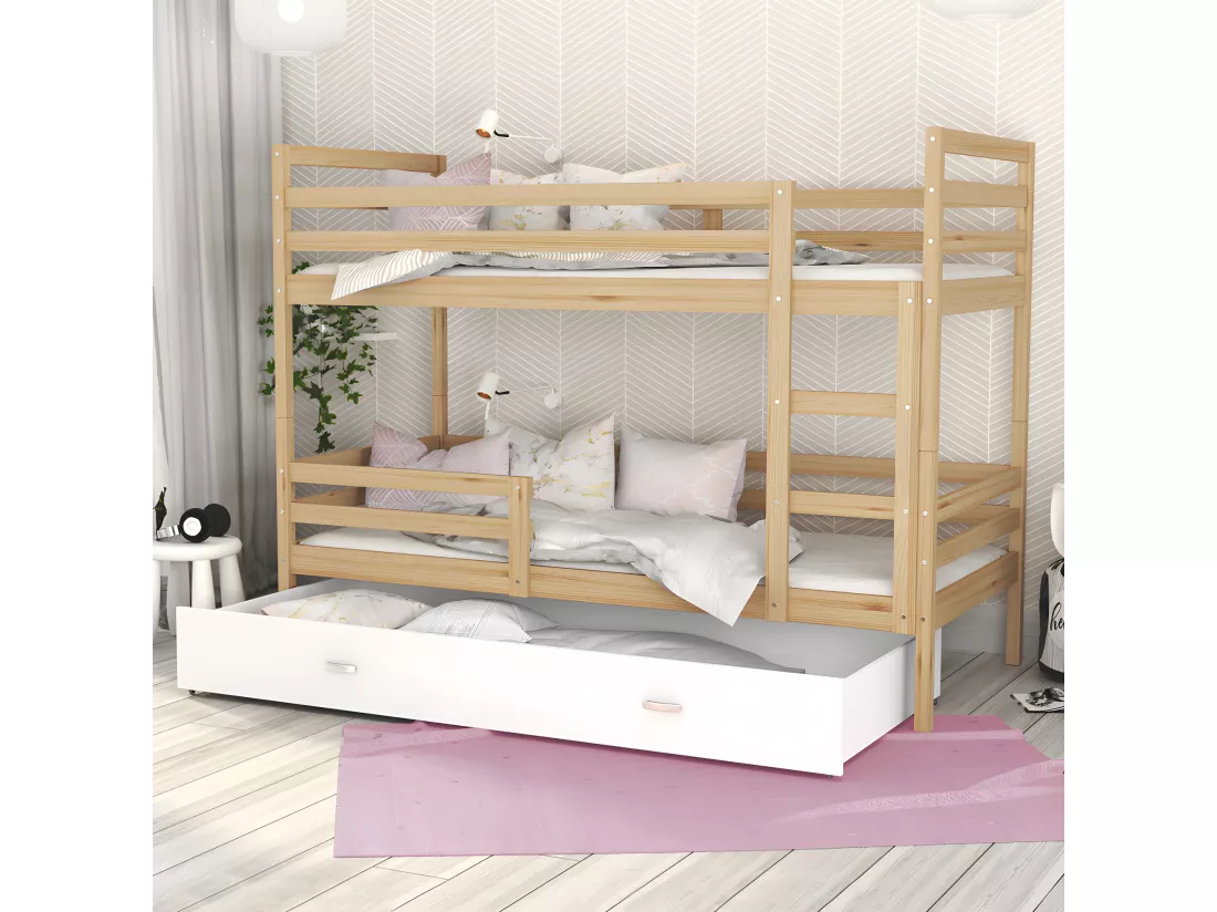Lit Superposé Milo 90x190 Pin - blanc Livré avec sommiers, tiroir et matelas en mousse de 7cm