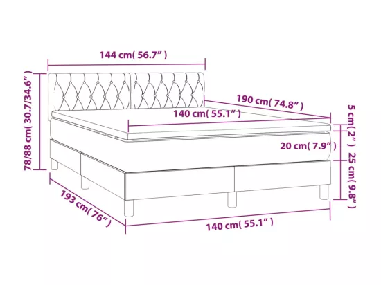 Sommier tapissier et matelas et LED Gris foncé 140x190 cm Tissu