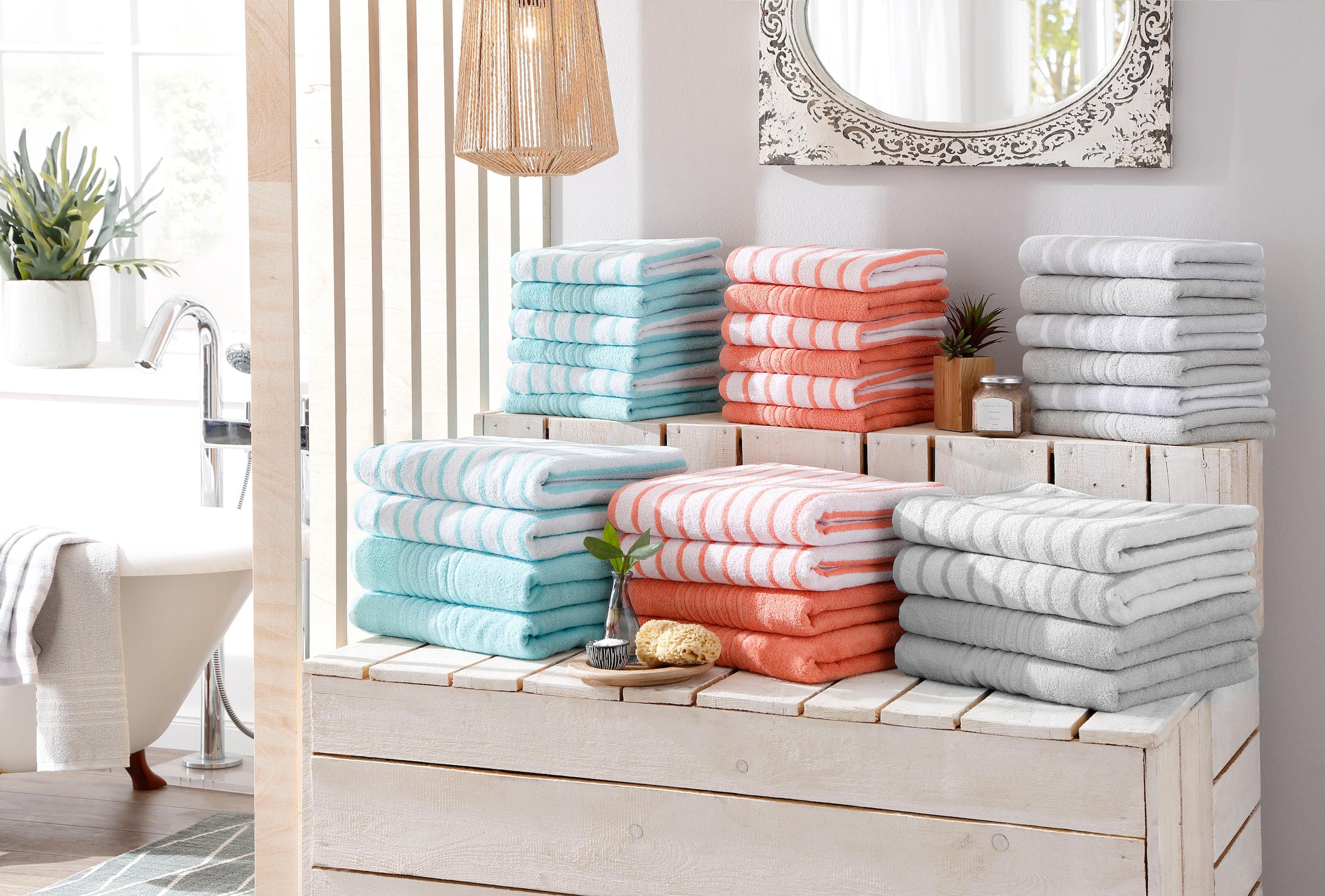 my home Handtücher »Finn« im 6 teiligen Set, Uni- und gestreiftes Design aus 100% Baumwolle