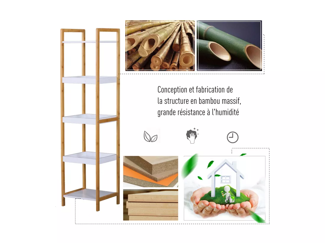 Etagère en bambou de salle de bain étagère debout 3 paniers + 2 étagères dim. 32L x 30l x 130H cm beige blanc